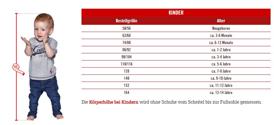 1.FC Köln Kinder Größentabelle