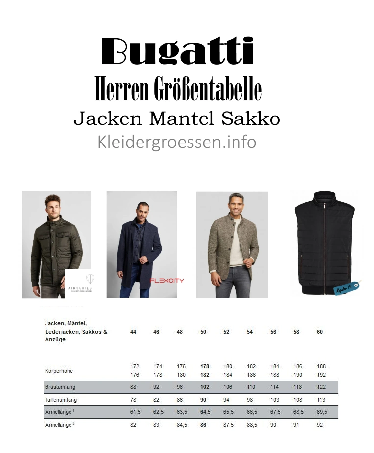 Bugatti Herren Größentabelle Jacken Mantel Sakko Normal Größen