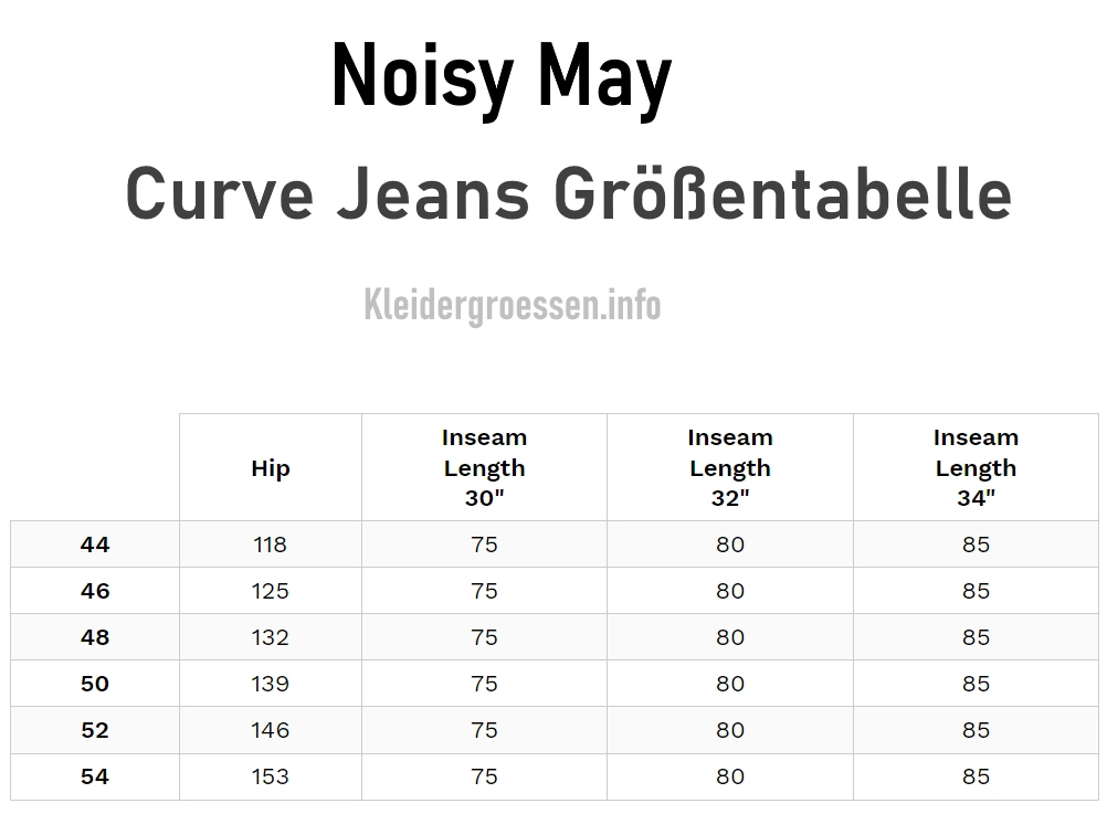 Noisy May Curve Jeans Größentabelle