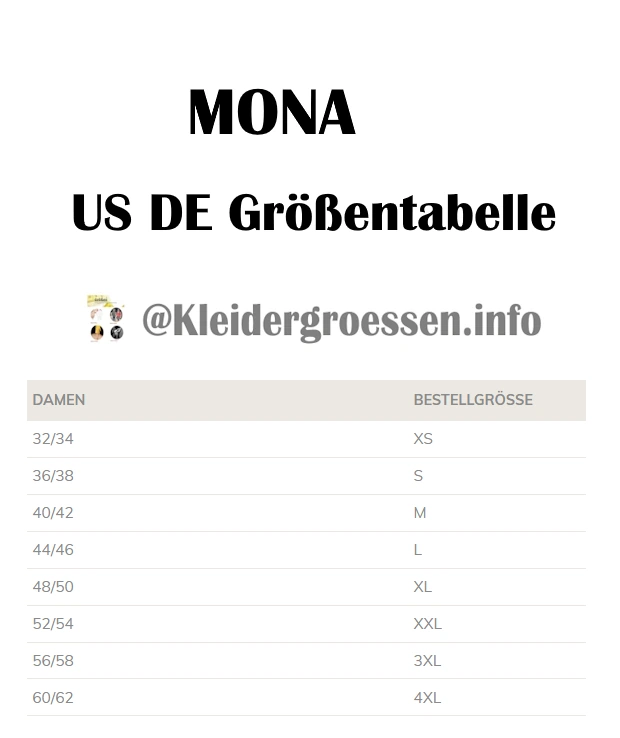 Mona US DE Vergleich Größen Größentabelle