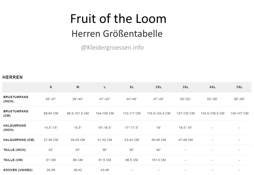Fruit of the Loom Herren Größentabelle