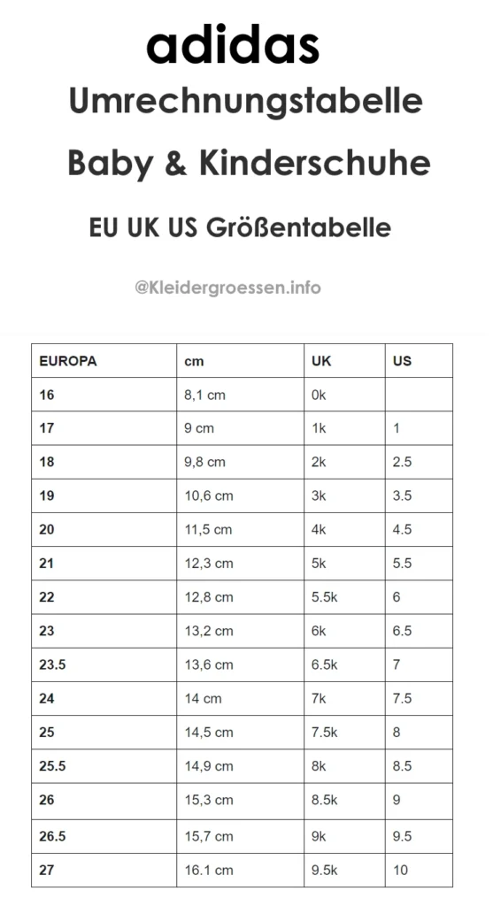 adidas Umrechnung Babyschuhe Kinderschuhe EU UK US Größentabelle