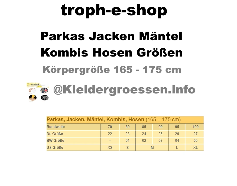 troph-e-shop Parkas Jacken Mäntel Hosen Kurz Größen 165cm - 175 cm Körpergröße